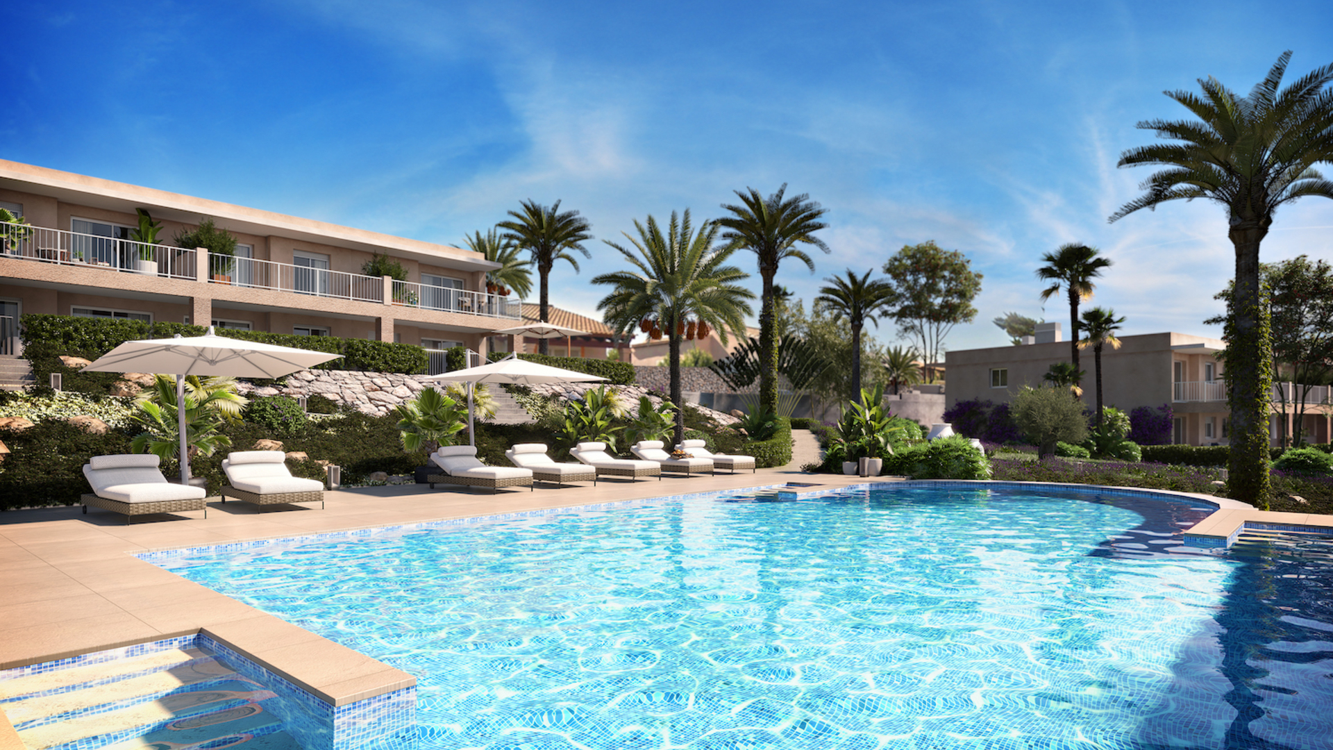 Apartments by the sea in the charming bay of Cala Anguila on the island of Mallorca