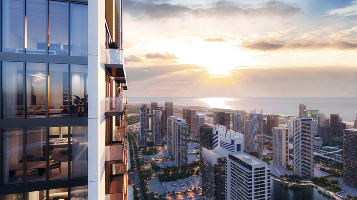 Moderní byty a penthousy v mrakodrapové rezidenci v Dubaji s výhledem na moře